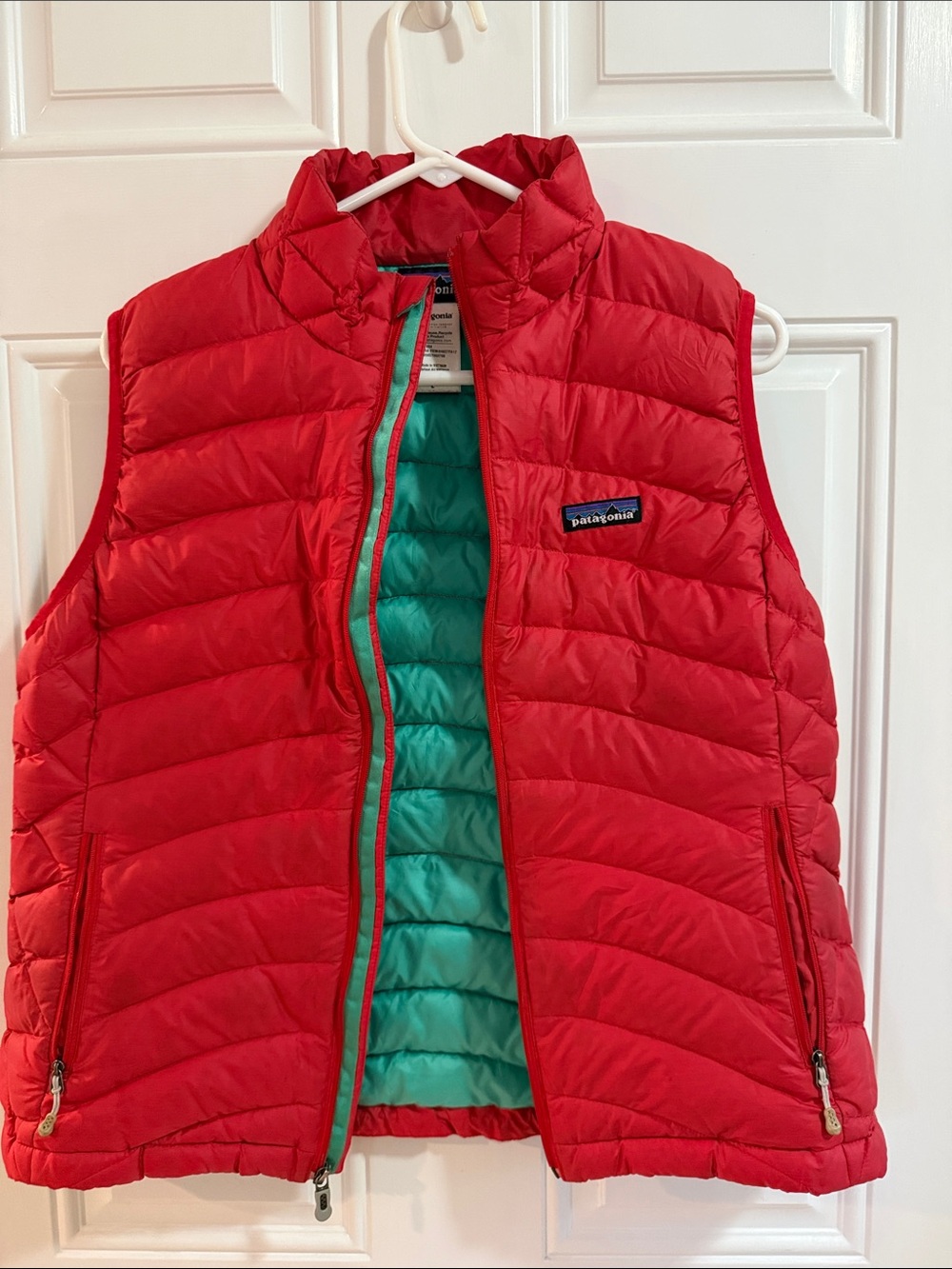 Patagonia Red Puffer Vest with Teal Lining
